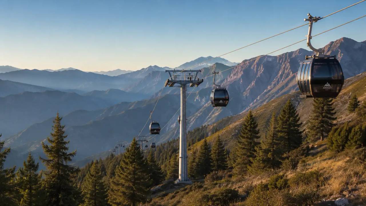 Amirsoy gondola cabins crossing the Western Tian Shan ridges in late afternoon light.