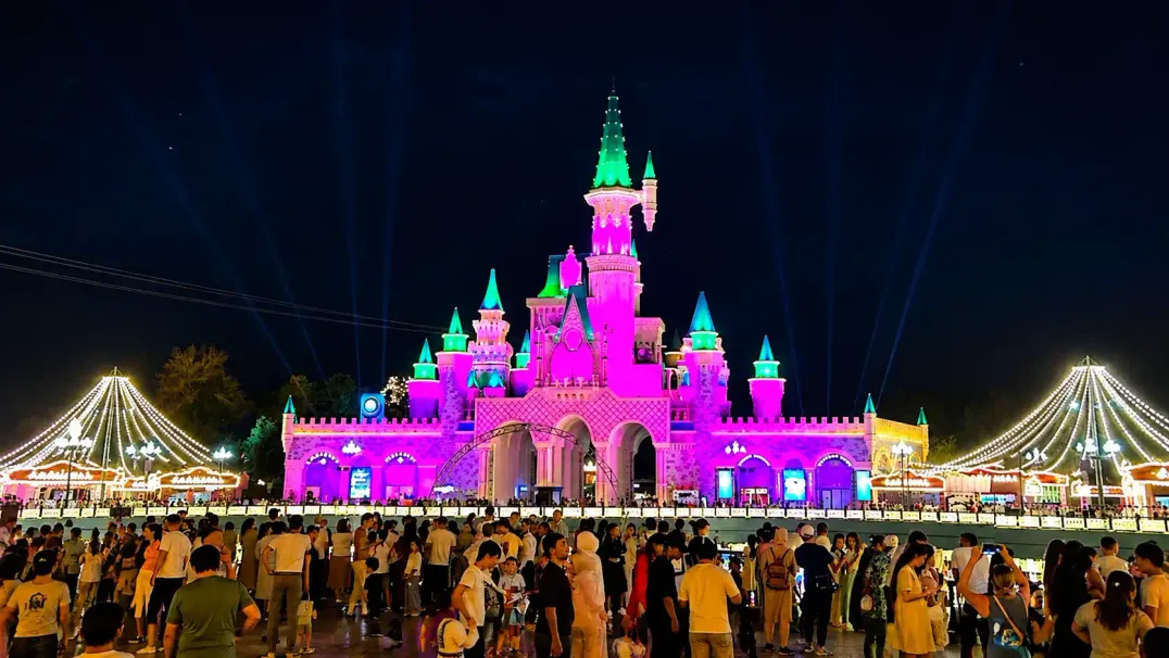 Подсвеченный замок Magic City летним вечером.