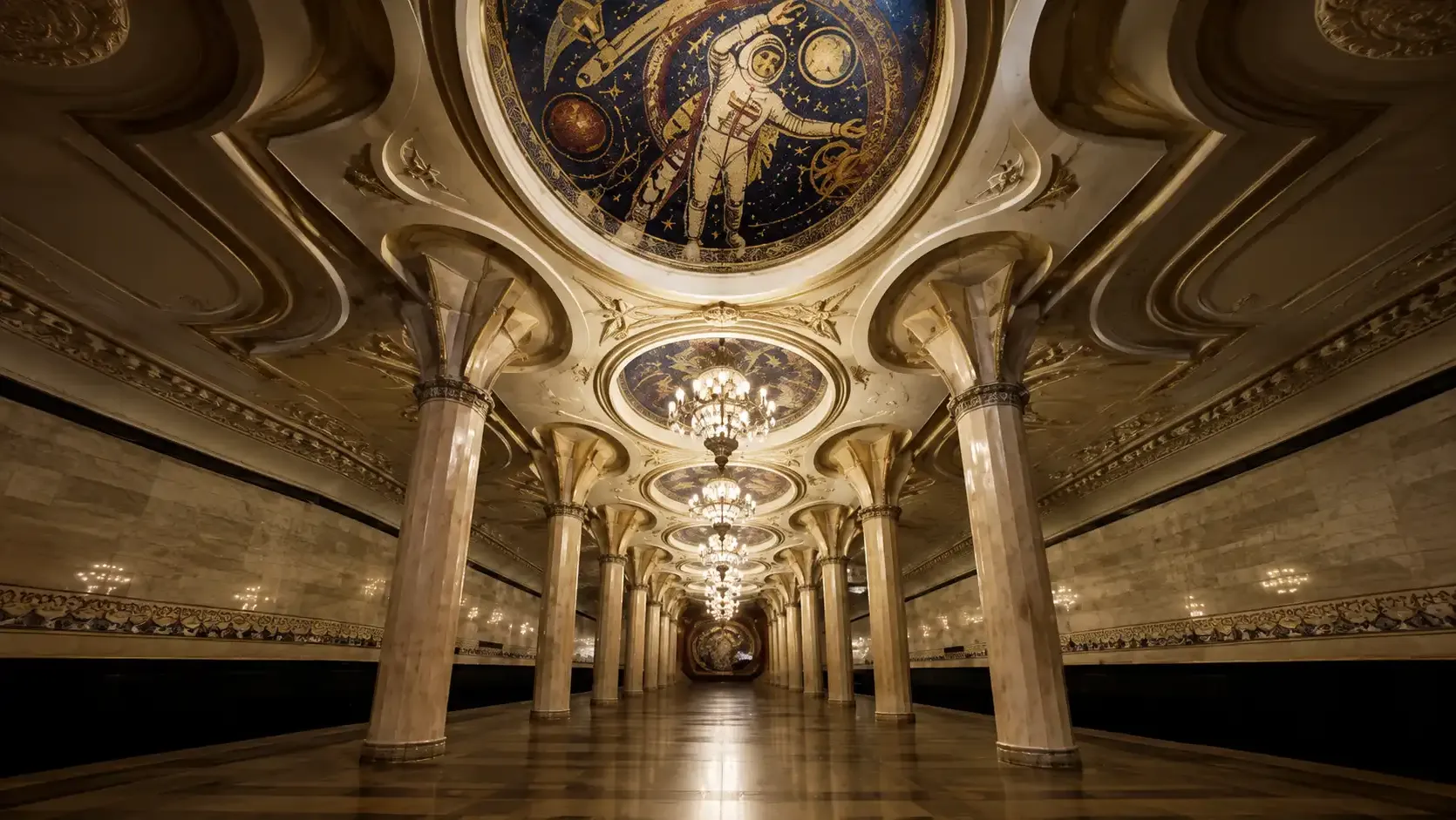 A cosmonaut mosaic and crystal chandeliers under the vaulted ceiling of a Tashkent metro station.